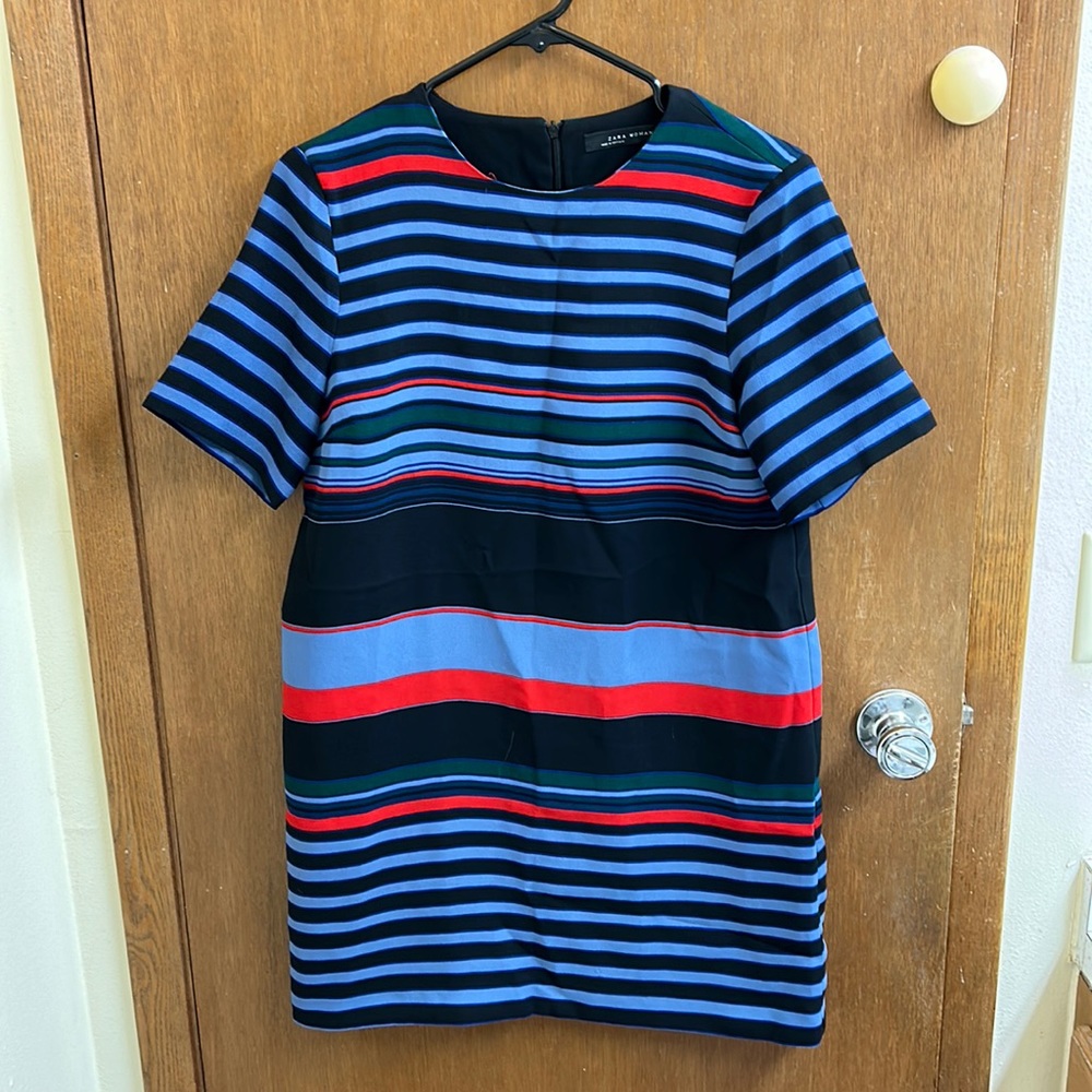Zara Red & Blue Striped Shift Dress Small